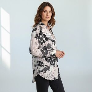 NWT Chico's Sheer Abstract Long Sleeve Shirt Tail Bottom Button Front Tunic Sz 2